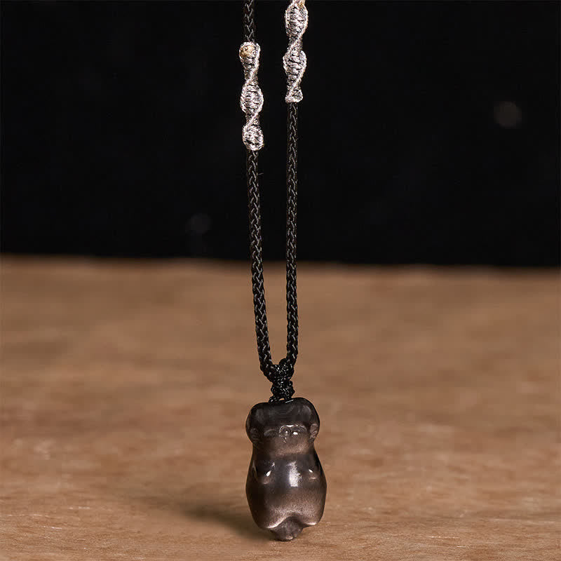 Buddha Stones Silver Sheen Obsidian Cat Pendant Grounding Braided Cord Necklace