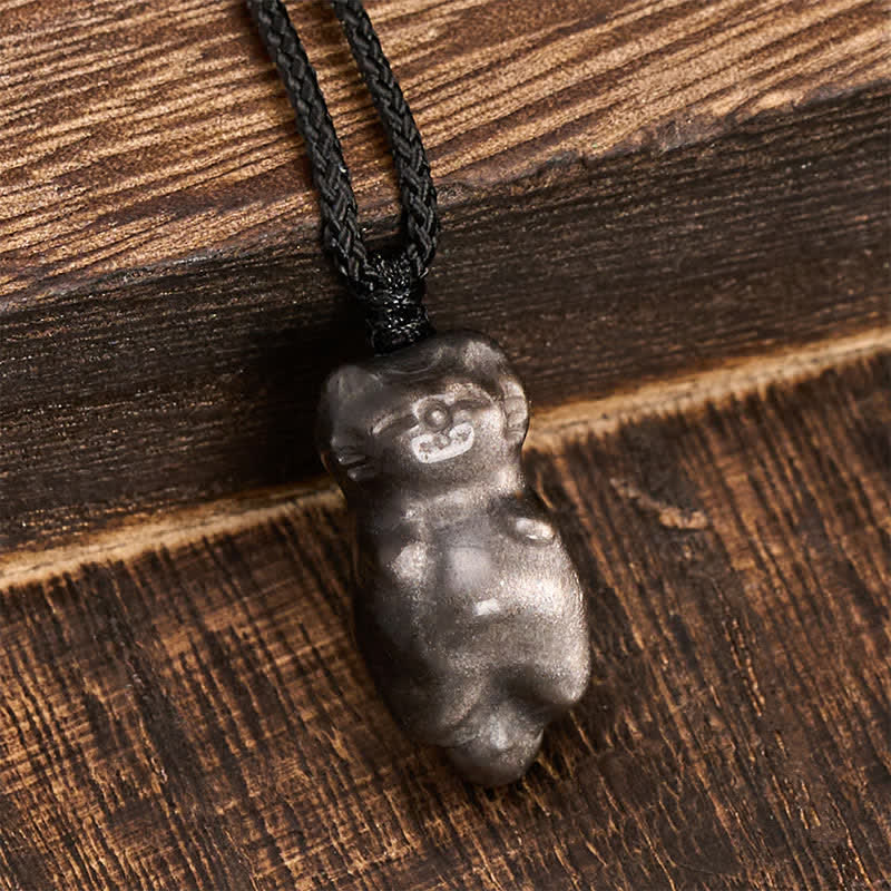 Buddha Stones Silver Sheen Obsidian Cat Pendant Grounding Braided Cord Necklace