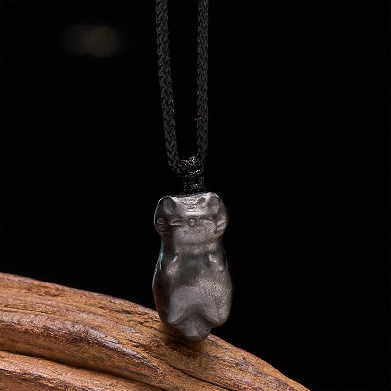 Buddha Stones Silver Sheen Obsidian Cat Pendant Grounding Braided Cord Necklace
