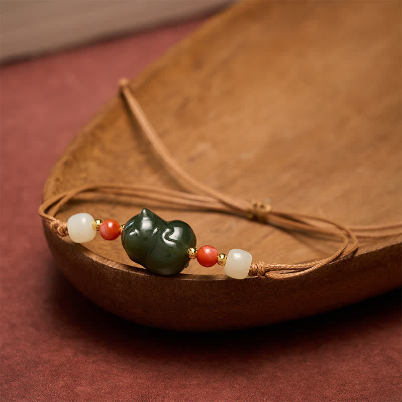 EverestArtstudios Natural Hetian Jade Cat Hand-Woven Abundance Bracelet