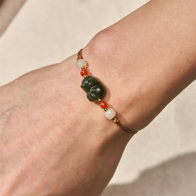 EverestArtstudios Natural Hetian Jade Cat Hand-Woven Abundance Bracelet