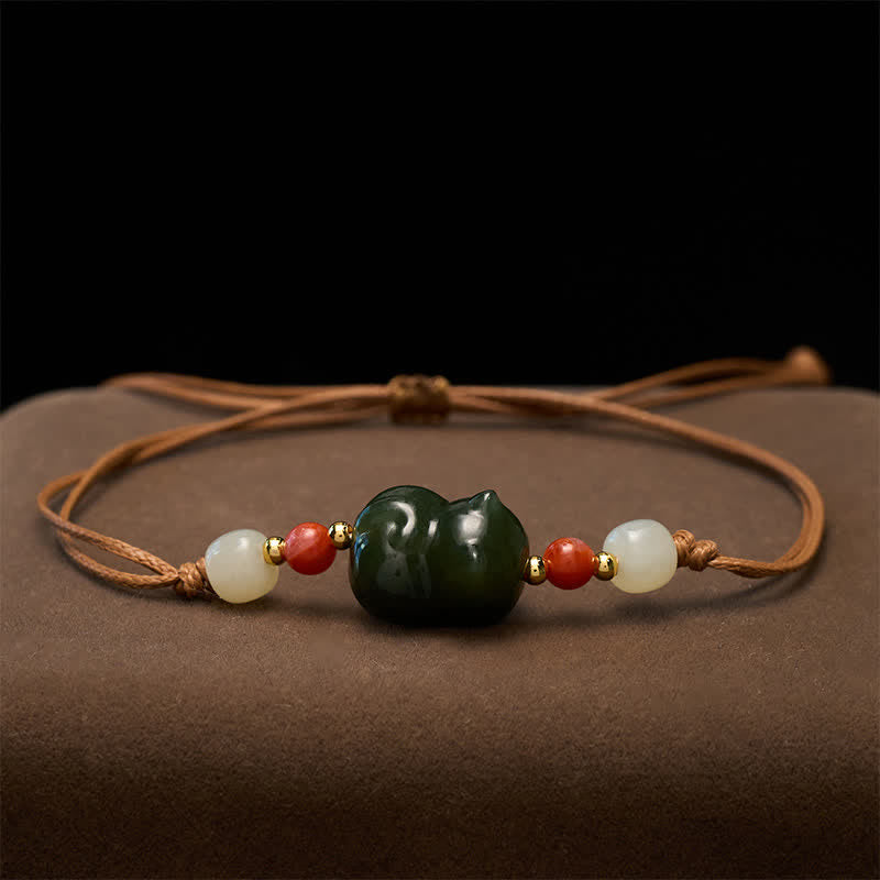 EverestArtstudios Natural Hetian Jade Cat Hand-Woven Abundance Bracelet