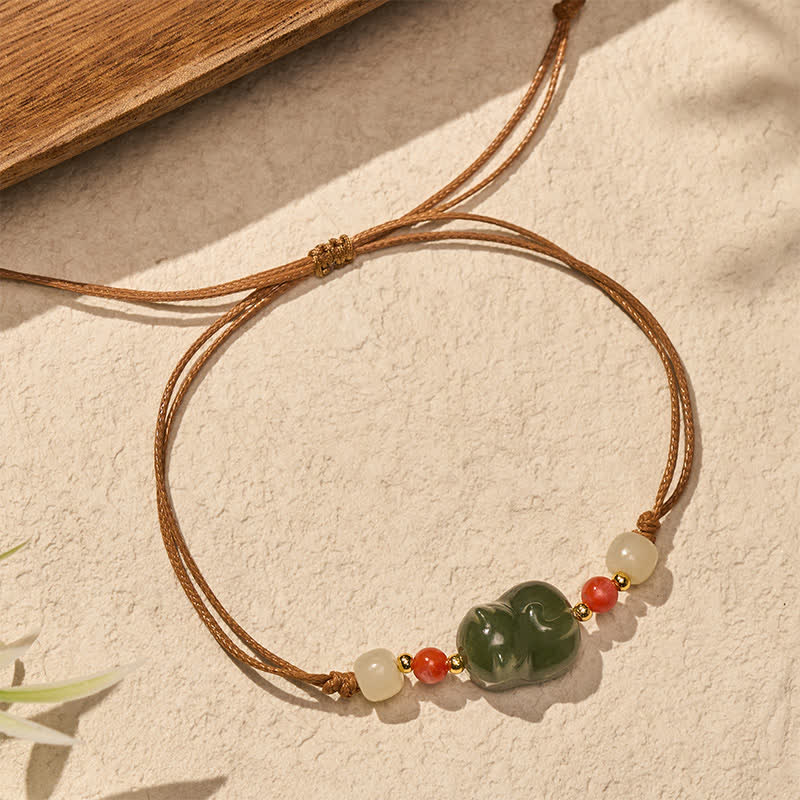 EverestArtstudios Natural Hetian Jade Cat Hand-Woven Abundance Bracelet