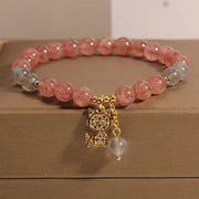 Buddha Stones Strawberry Quartz Moonstone Cat Charm Love Bracelet