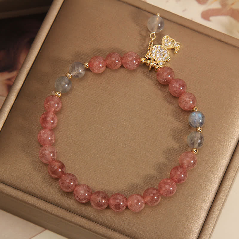 Buddha Stones Strawberry Quartz Moonstone Cat Charm Love Bracelet