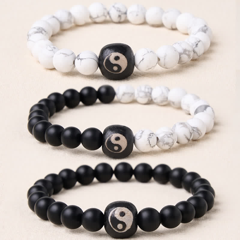 EverestArtStudios Black Onyx White Turquoise Yin Yang Balance Round Bead Bracelet
