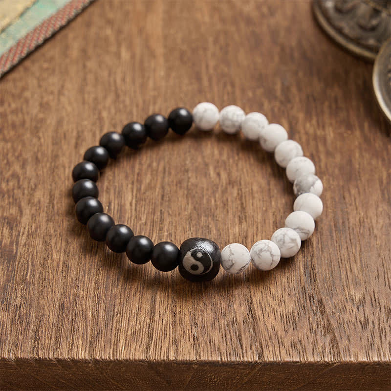 EverestArtStudios Black Onyx White Turquoise Yin Yang Balance Round Bead Bracelet