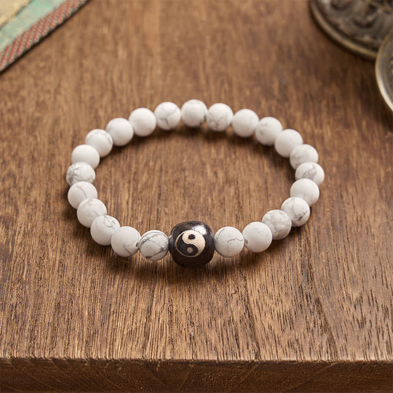 EverestArtStudios Black Onyx White Turquoise Yin Yang Balance Round Bead Bracelet