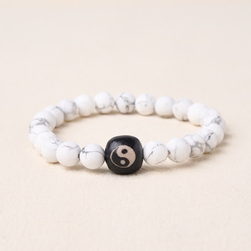 EverestArtStudios Black Onyx White Turquoise Yin Yang Balance Round Bead Bracelet