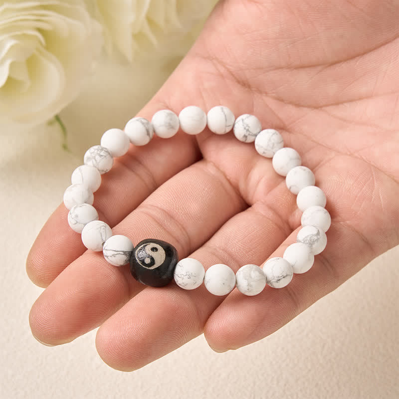 EverestArtStudios Black Onyx White Turquoise Yin Yang Balance Round Bead Bracelet