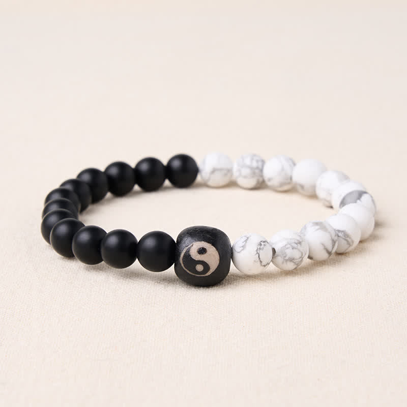 EverestArtStudios Black Onyx White Turquoise Yin Yang Balance Round Bead Bracelet