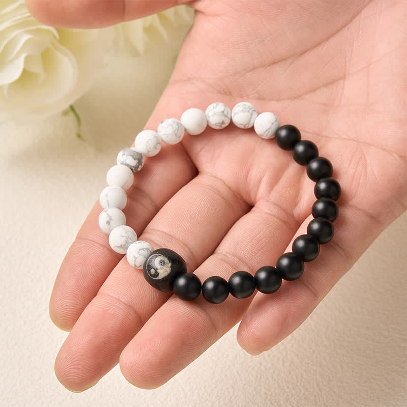 EverestArtStudios Black Onyx White Turquoise Yin Yang Balance Round Bead Bracelet