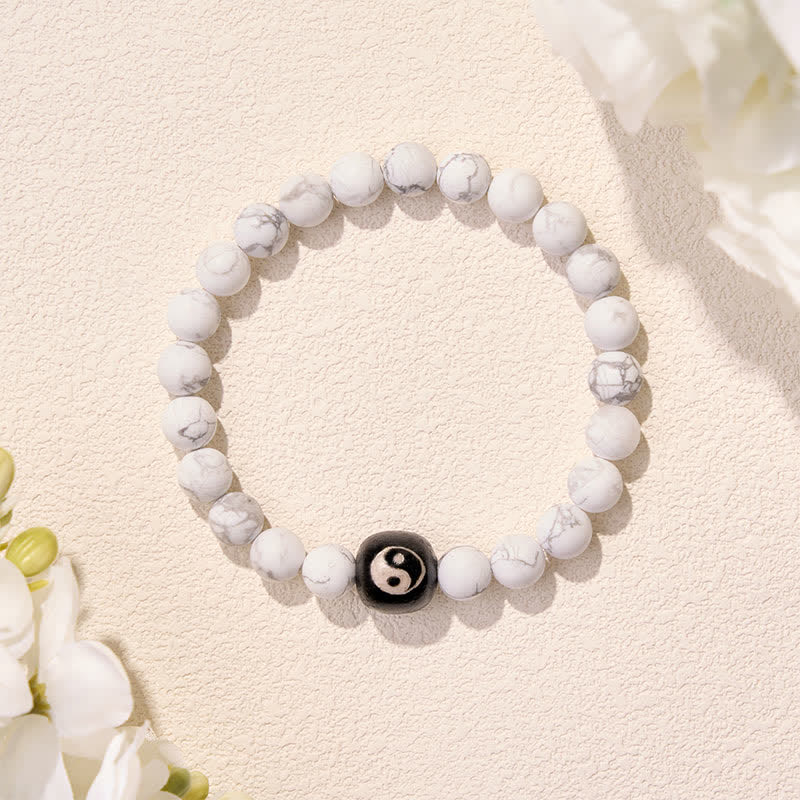 EverestArtStudios Black Onyx White Turquoise Yin Yang Balance Round Bead Bracelet