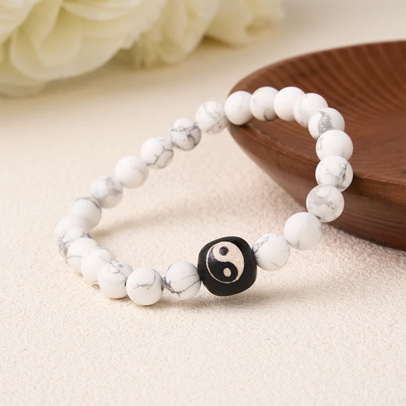 EverestArtStudios Black Onyx White Turquoise Yin Yang Balance Round Bead Bracelet