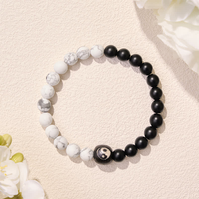 EverestArtStudios Black Onyx White Turquoise Yin Yang Balance Round Bead Bracelet