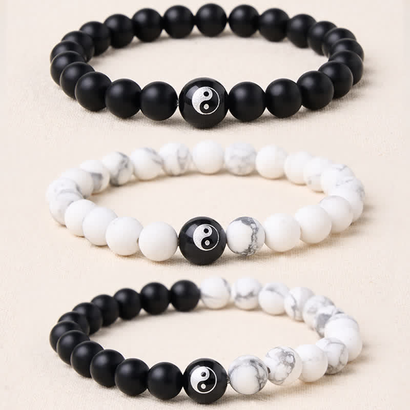 EverestArtStudios Black Onyx White Turquoise Yin Yang Black Obsidian Round Bead Balance Bracelet