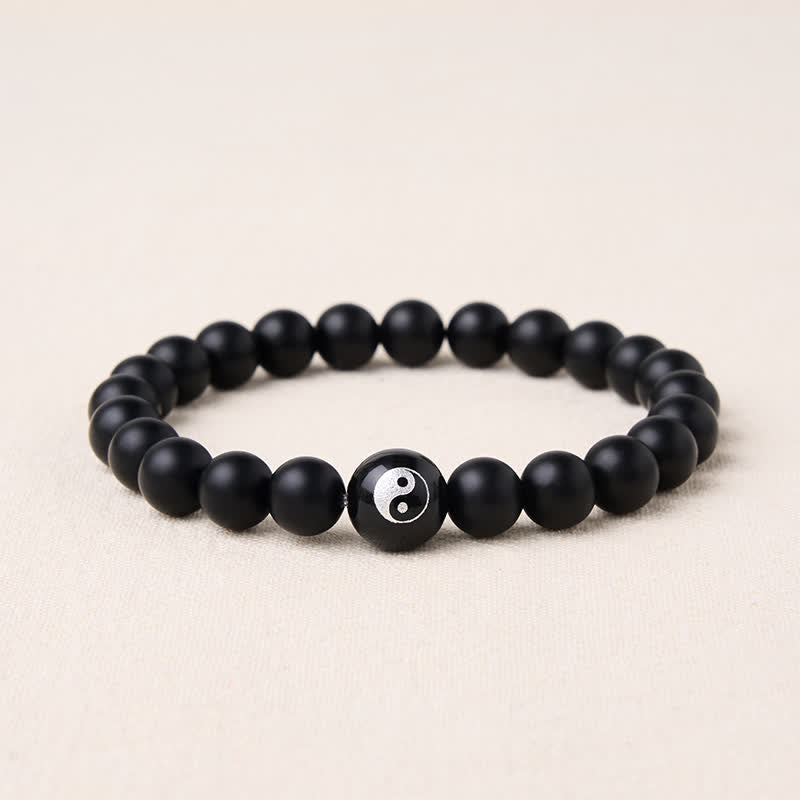 EverestArtStudios Black Onyx White Turquoise Yin Yang Black Obsidian Round Bead Balance Bracelet