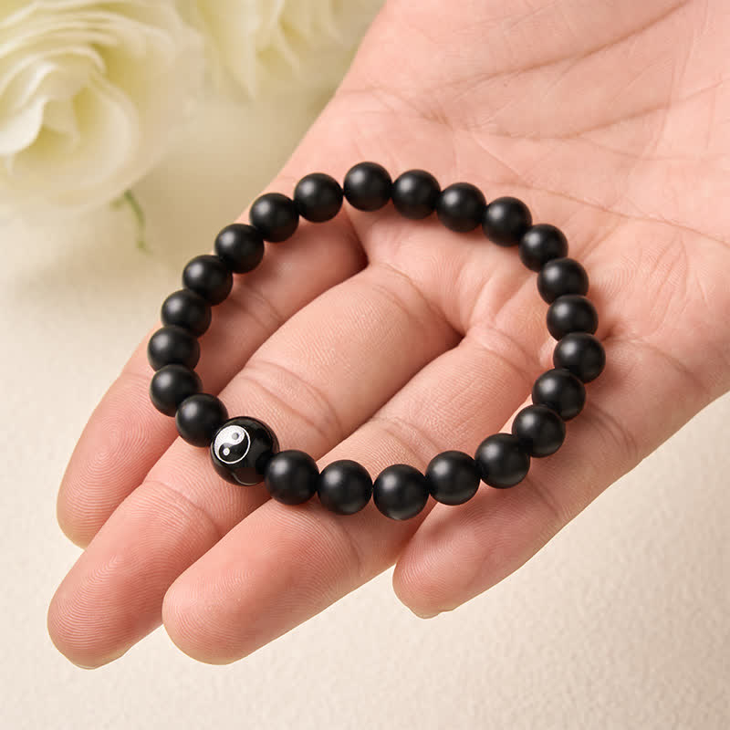 EverestArtStudios Black Onyx White Turquoise Yin Yang Black Obsidian Round Bead Balance Bracelet