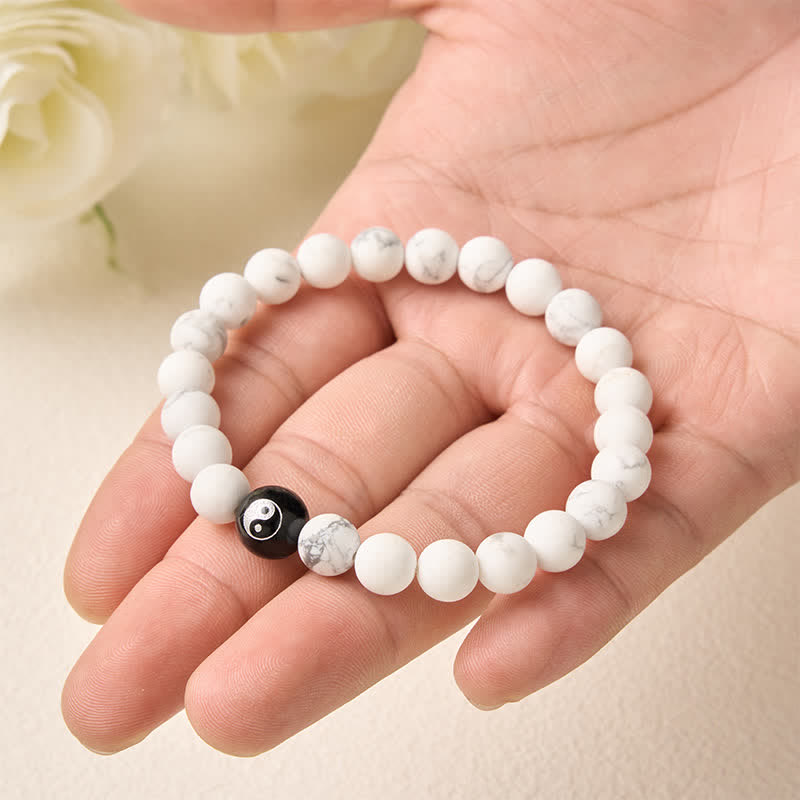 EverestArtStudios Black Onyx White Turquoise Yin Yang Black Obsidian Round Bead Balance Bracelet