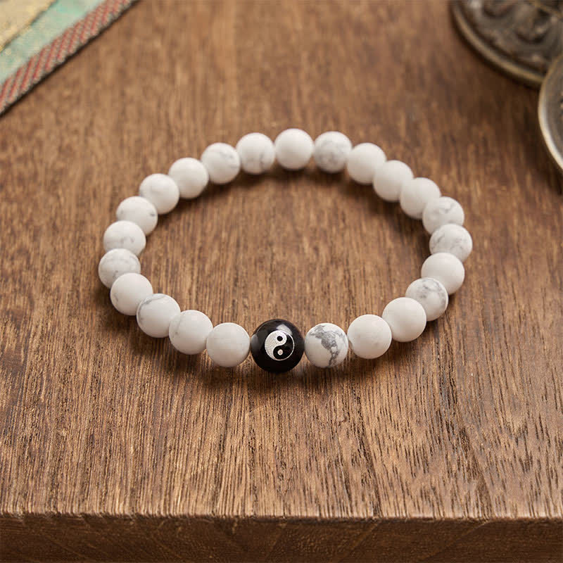 EverestArtStudios Black Onyx White Turquoise Yin Yang Black Obsidian Round Bead Balance Bracelet