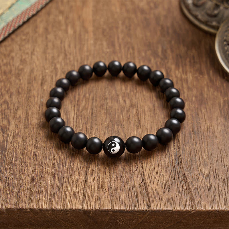 EverestArtStudios Black Onyx White Turquoise Yin Yang Black Obsidian Round Bead Balance Bracelet