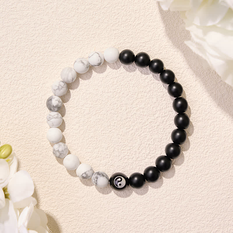 Buddha Stones Black Onyx White Turquoise Yin Yang Black Obsidian Round Bead Balance Bracelet