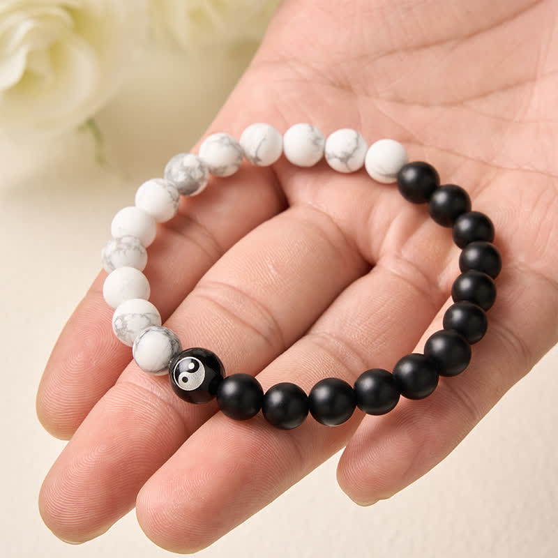 EverestArtStudios Black Onyx White Turquoise Yin Yang Black Obsidian Round Bead Balance Bracelet