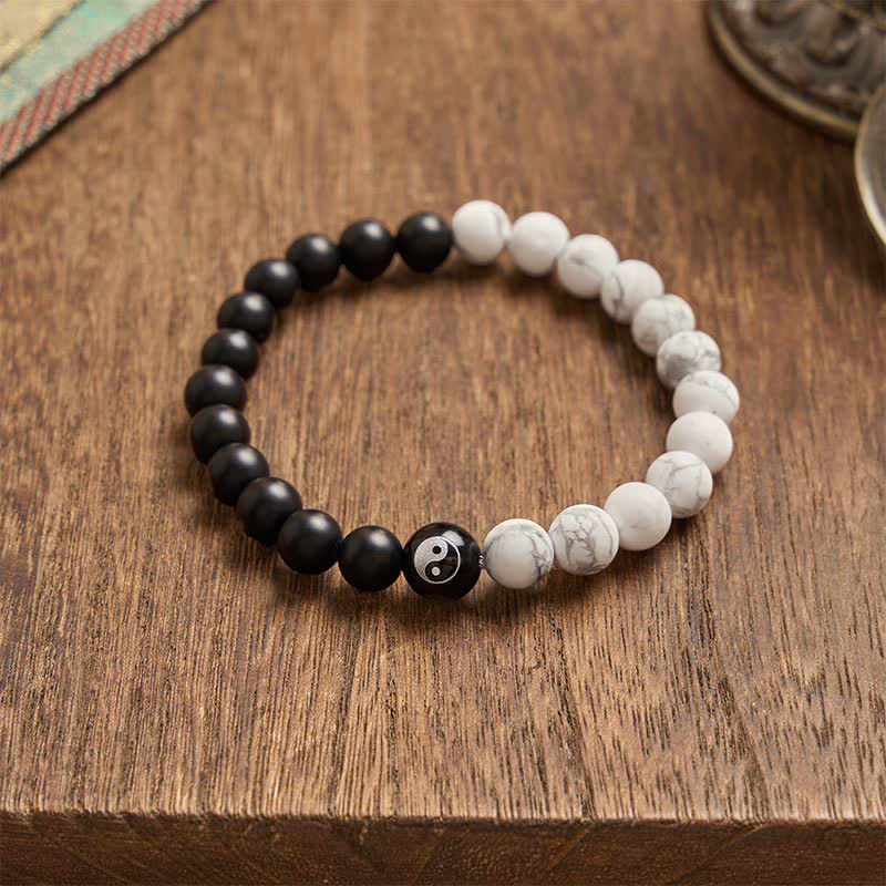 EverestArtStudios Black Onyx White Turquoise Yin Yang Black Obsidian Round Bead Balance Bracelet