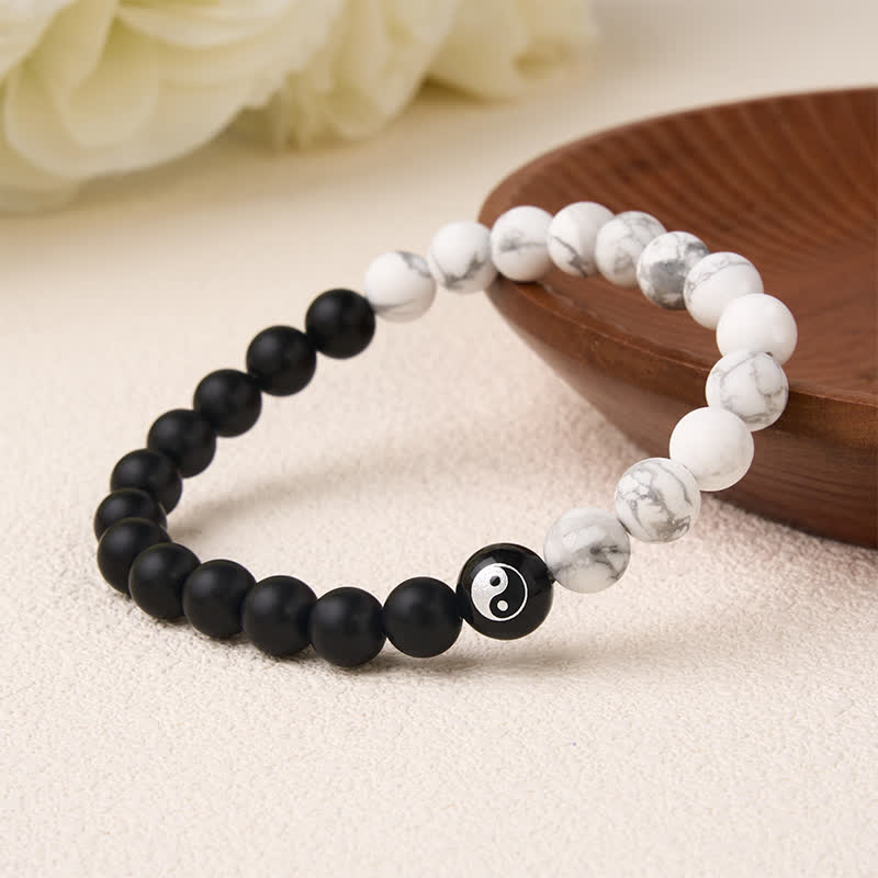 EverestArtStudios Black Onyx White Turquoise Yin Yang Black Obsidian Round Bead Balance Bracelet