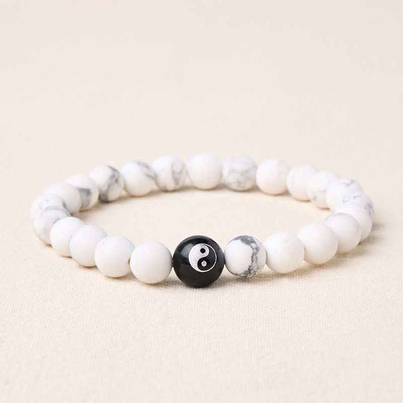 EverestArtStudios Black Onyx White Turquoise Yin Yang Black Obsidian Round Bead Balance Bracelet