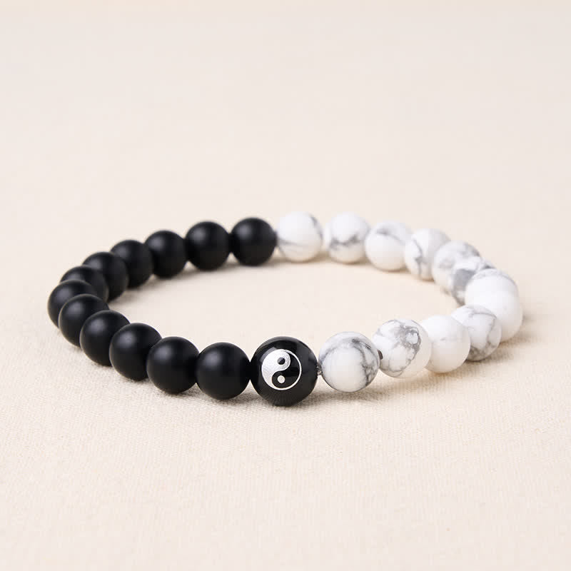 EverestArtStudios Black Onyx White Turquoise Yin Yang Black Obsidian Round Bead Balance Bracelet