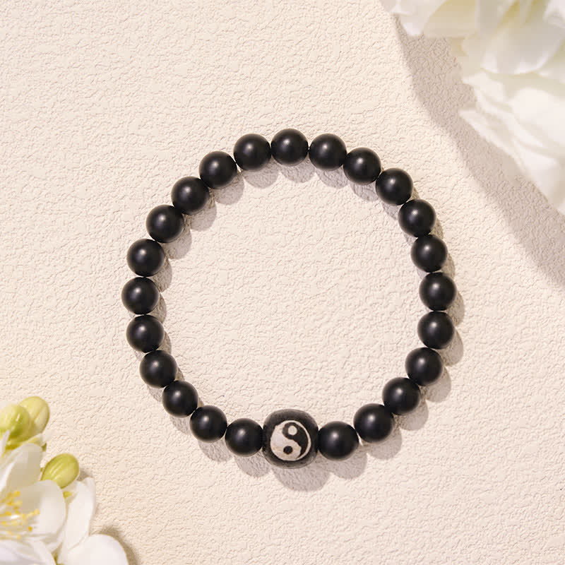 EverestArtStudios Black Onyx White Turquoise Yin Yang Black Obsidian Round Bead Balance Bracelet