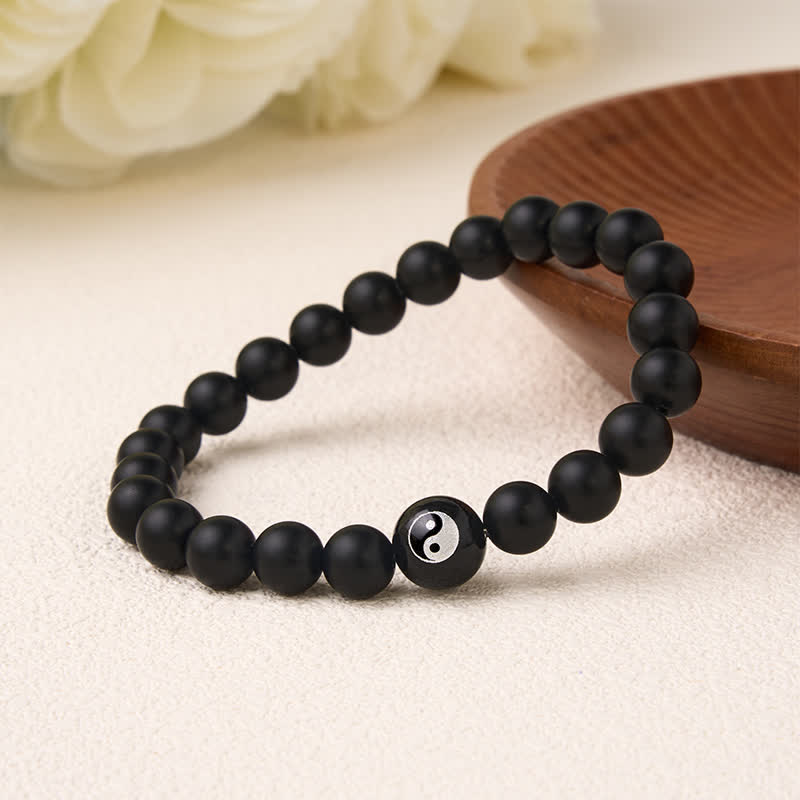 EverestArtStudios Black Onyx White Turquoise Yin Yang Black Obsidian Round Bead Balance Bracelet