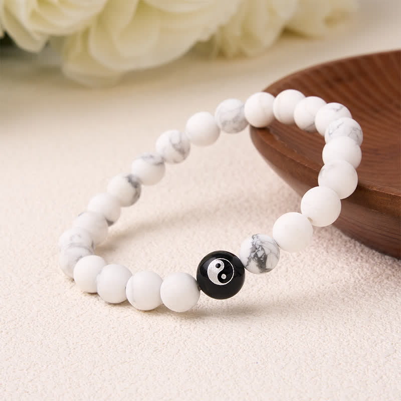 EverestArtStudios Black Onyx White Turquoise Yin Yang Black Obsidian Round Bead Balance Bracelet