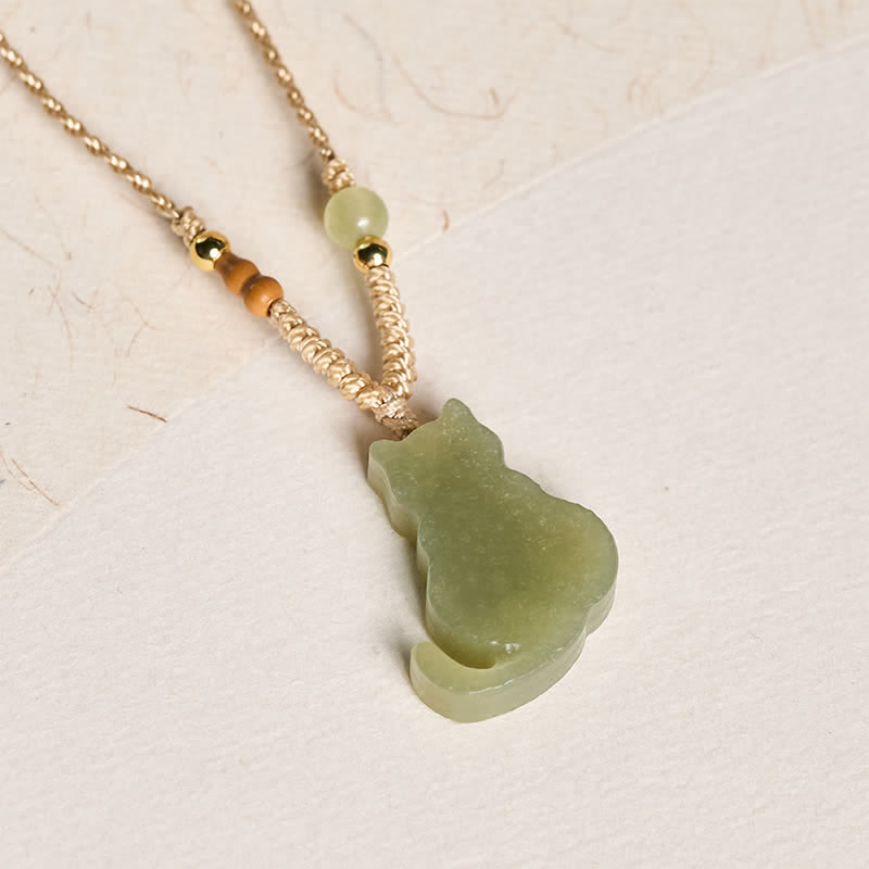 EverestArtstudios Jade Cat Braided Cord Pendant Abundance Necklace