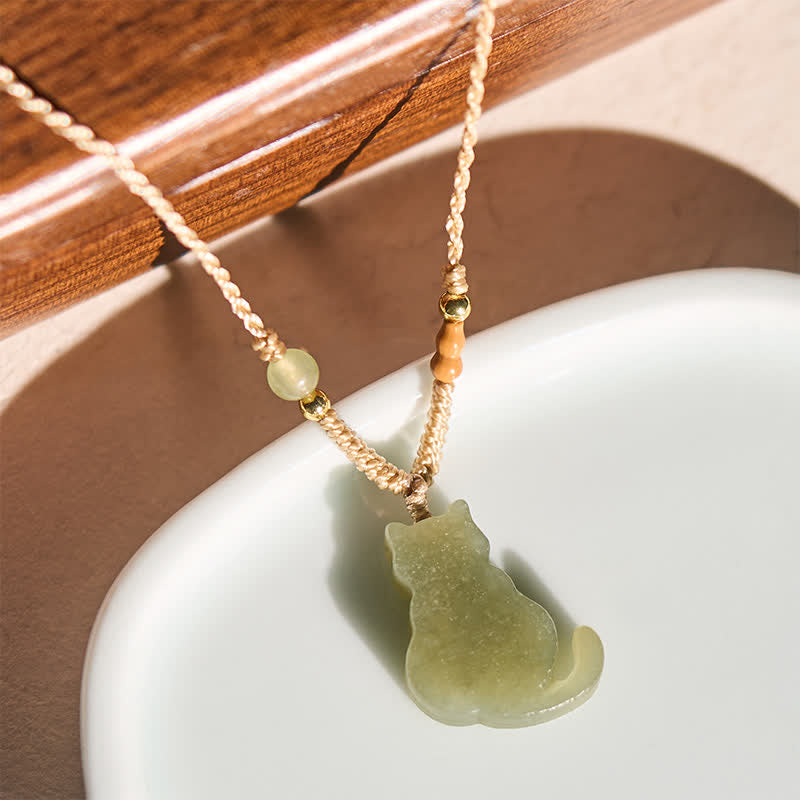 EverestArtstudios Jade Cat Braided Cord Pendant Abundance Necklace
