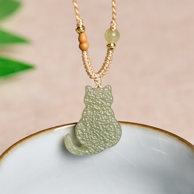 EverestArtstudios Jade Cat Braided Cord Pendant Abundance Necklace
