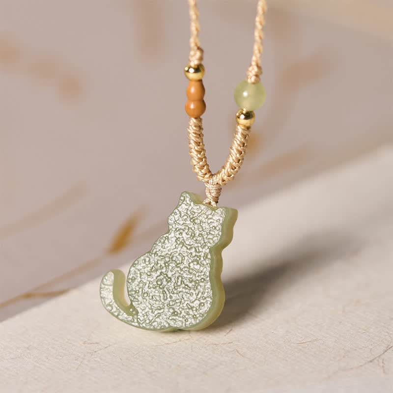 EverestArtstudios Jade Cat Braided Cord Pendant Abundance Necklace