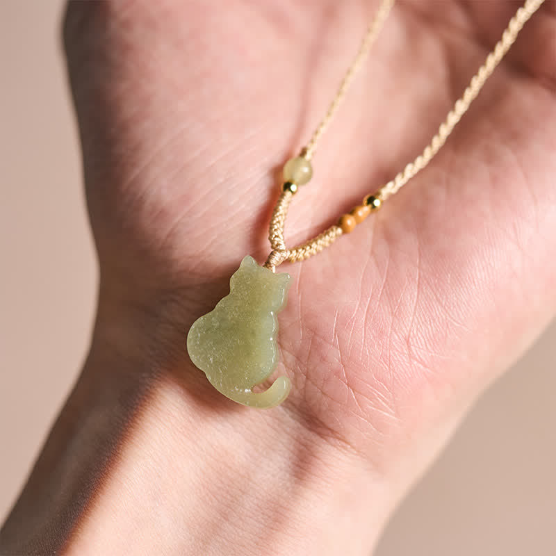 EverestArtstudios Jade Cat Braided Cord Pendant Abundance Necklace