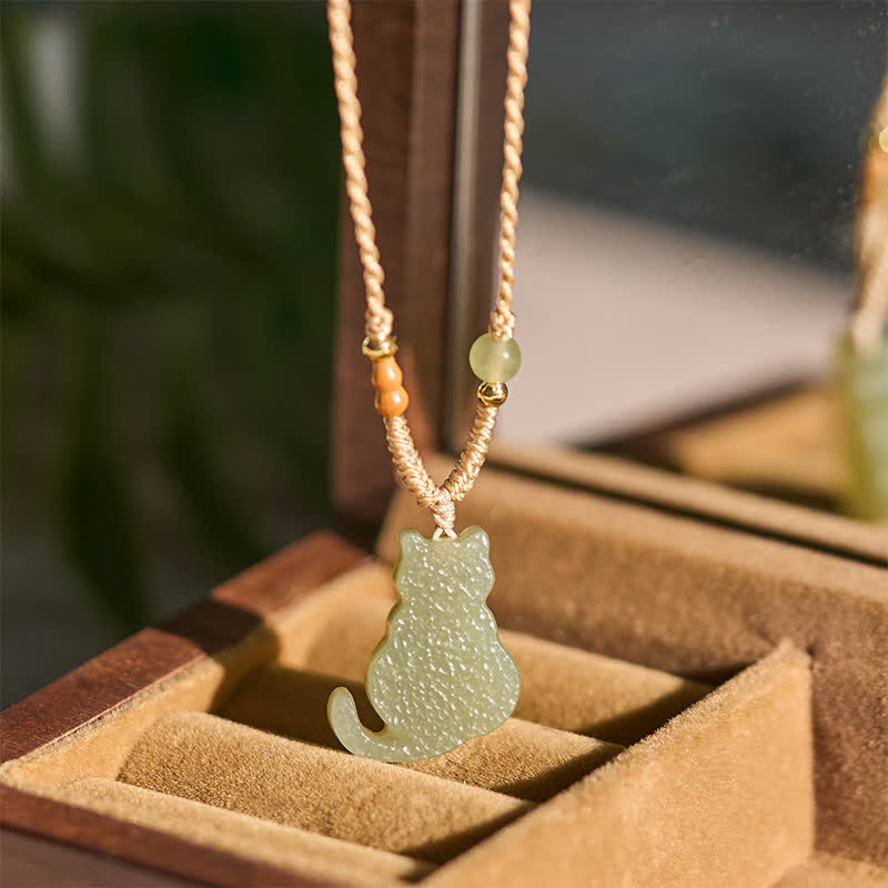 EverestArtstudios Jade Cat Braided Cord Pendant Abundance Necklace