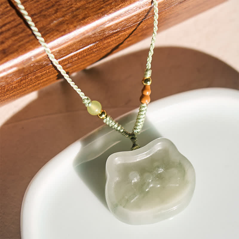 EverestArtstudios Natural Jade Cat Harmony Hand-Woven Necklace
