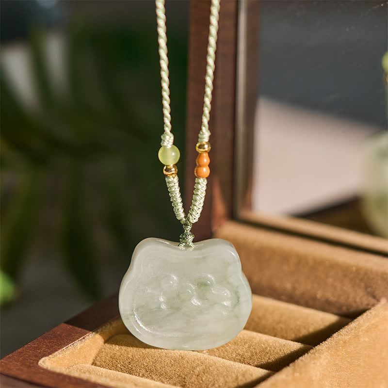 EverestArtstudios Natural Jade Cat Harmony Hand-Woven Necklace