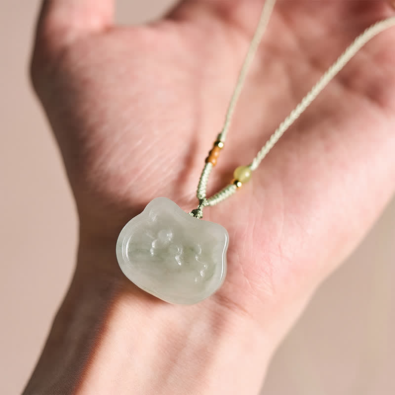 EverestArtstudios Natural Jade Cat Harmony Hand-Woven Necklace