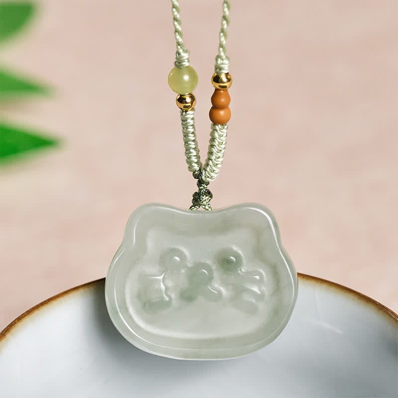EverestArtstudios Natural Jade Cat Harmony Hand-Woven Necklace