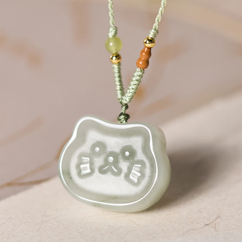 EverestArtstudios Natural Jade Cat Harmony Hand-Woven Necklace