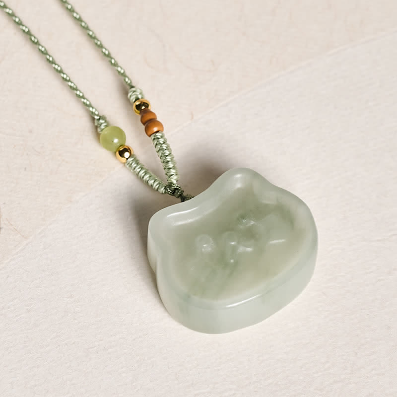 EverestArtstudios Natural Jade Cat Harmony Hand-Woven Necklace