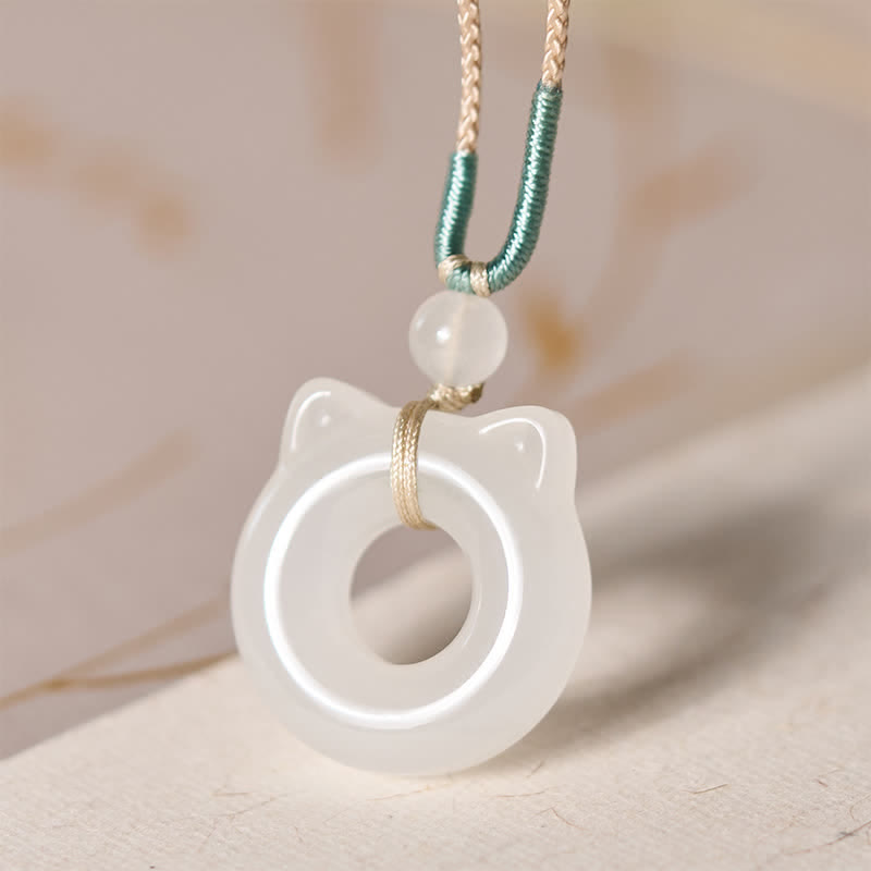 EverestArtstudios Tianshan Jade Peace Buckle Cat Prosperity Pendant Necklace