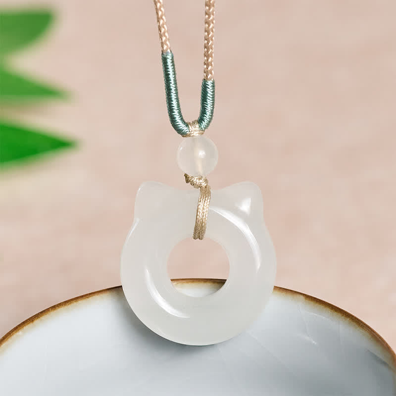 EverestArtstudios Tianshan Jade Peace Buckle Cat Prosperity Pendant Necklace