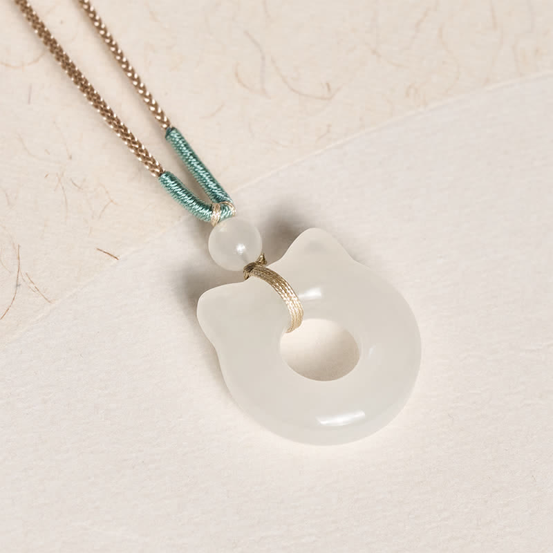 EverestArtstudios Tianshan Jade Peace Buckle Cat Prosperity Pendant Necklace