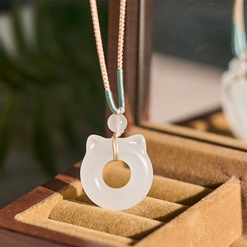 EverestArtstudios Tianshan Jade Peace Buckle Cat Prosperity Pendant Necklace